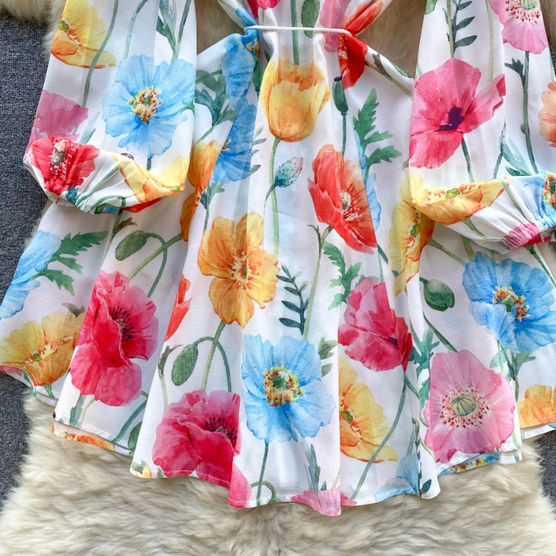 Neploe, slatke, svježe haljine s puf rukavima s V-izrezom i printom, jednoredno kopčanje, elegantni mujer, široki, široki ogrtač s oblogom