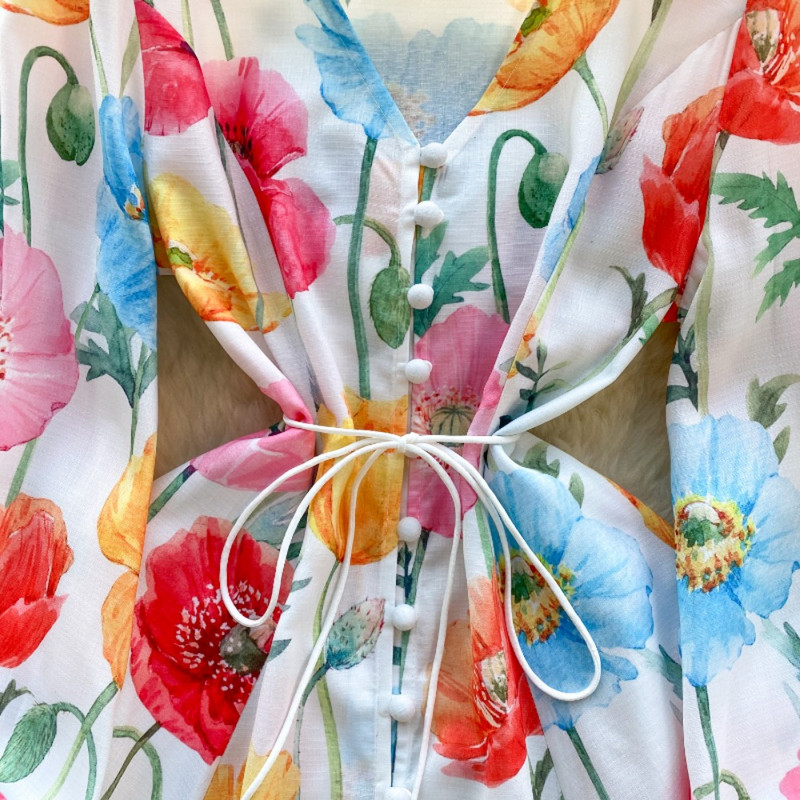 Neploe, slatke, svježe haljine s puf rukavima s V-izrezom i printom, jednoredno kopčanje, elegantni mujer, široki, široki ogrtač s oblogom