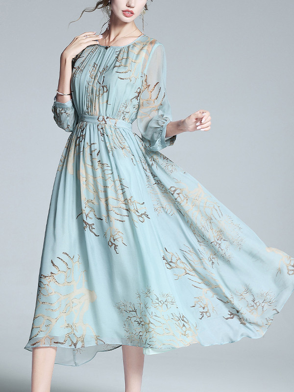 Ženska haljina od prirodne svile, dugih rukava, elegantni print, haljine A-kroja, ljetni šik za žene, uredski vestido 2023.