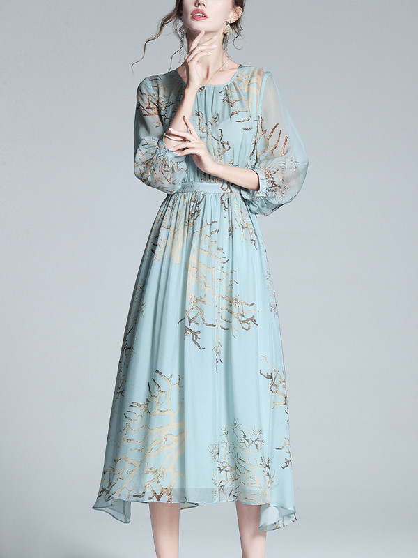 Ženska haljina od prirodne svile, dugih rukava, elegantni print, haljine A-kroja, ljetni šik za žene, uredski vestido 2023.