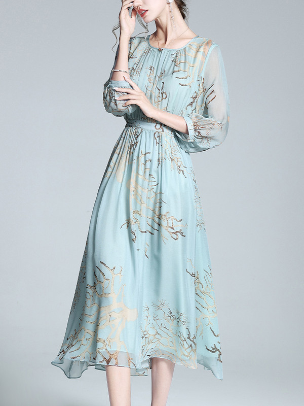 Ženska haljina od prirodne svile, dugih rukava, elegantni print, haljine A-kroja, ljetni šik za žene, uredski vestido 2023.