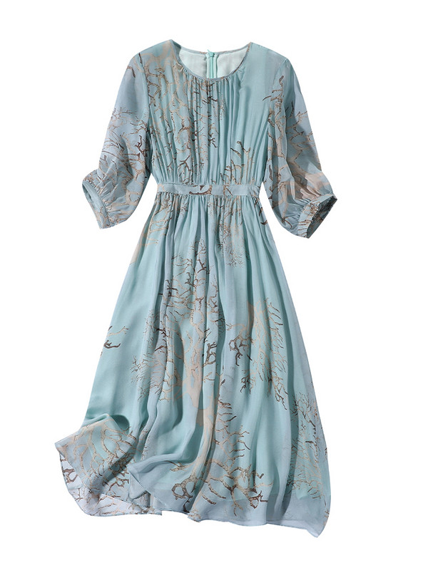 Ženska haljina od prirodne svile, dugih rukava, elegantni print, haljine A-kroja, ljetni šik za žene, uredski vestido 2023.