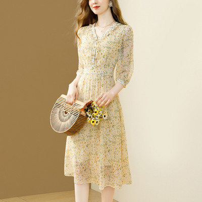 EVNISI Elegant Floral Printing Γυναικείο φόρεμα σιφόν με V λαιμόκοψη Casual Office A-line Φορέματα Slim Apricot For Women Party Vestido 2024