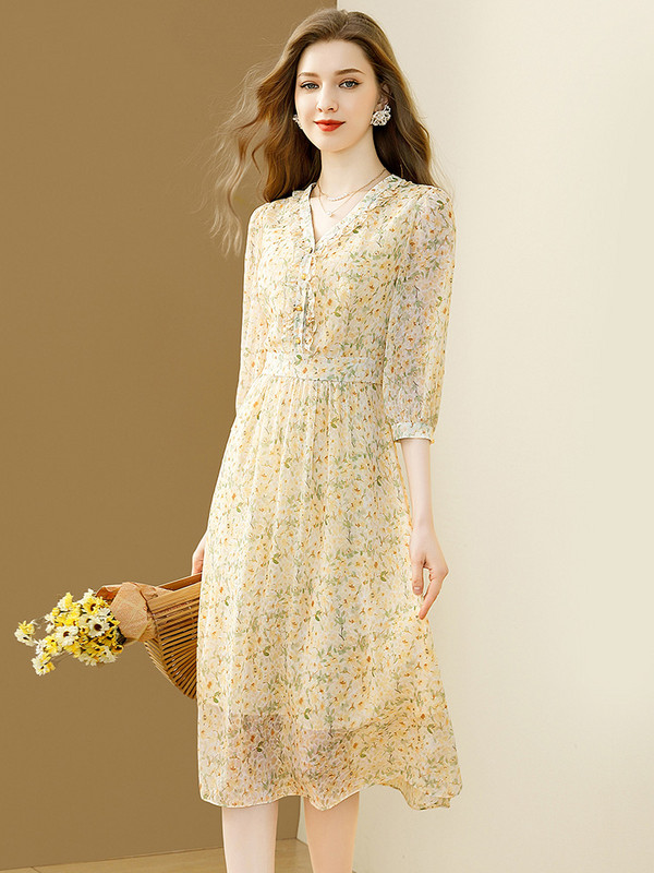 EVNISI Elegant Floral Printing Γυναικείο φόρεμα σιφόν με V λαιμόκοψη Casual Office A-line Φορέματα Slim Apricot For Women Party Vestido 2024