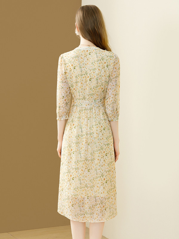 EVNISI Elegant Floral Printing Γυναικείο φόρεμα σιφόν με V λαιμόκοψη Casual Office A-line Φορέματα Slim Apricot For Women Party Vestido 2024