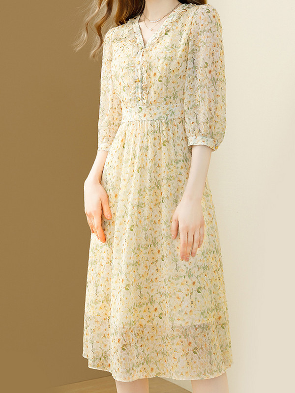 EVNISI Elegant Floral Printing Γυναικείο φόρεμα σιφόν με V λαιμόκοψη Casual Office A-line Φορέματα Slim Apricot For Women Party Vestido 2024