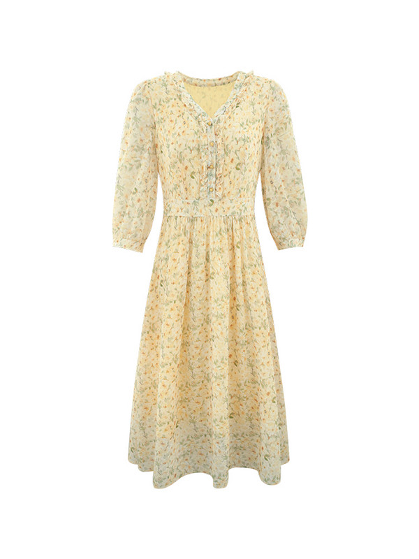 EVNISI Elegant Floral Printing Γυναικείο φόρεμα σιφόν με V λαιμόκοψη Casual Office A-line Φορέματα Slim Apricot For Women Party Vestido 2024