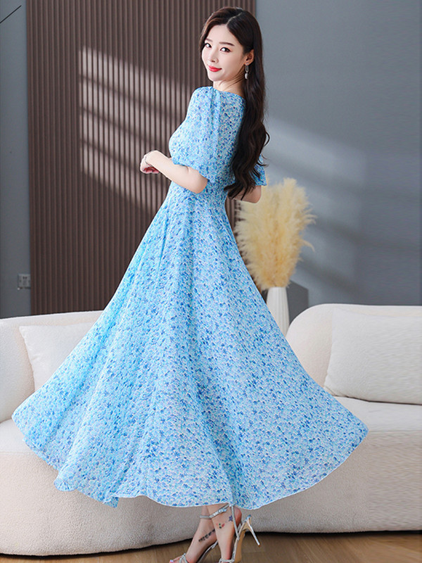 Večernje haljine za zabavu Maxi cvjetna šifonska haljina uz kroj 2024. Nova ženska ljetna duga šik elegantna ležerna boho plava moda