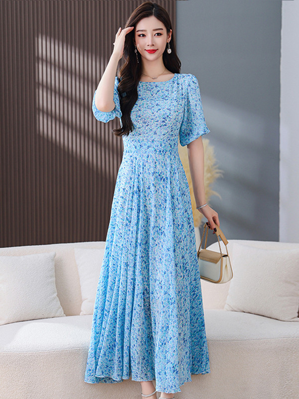 Večernje haljine za zabavu Maxi cvjetna šifonska haljina uz kroj 2024. Nova ženska ljetna duga šik elegantna ležerna boho plava moda