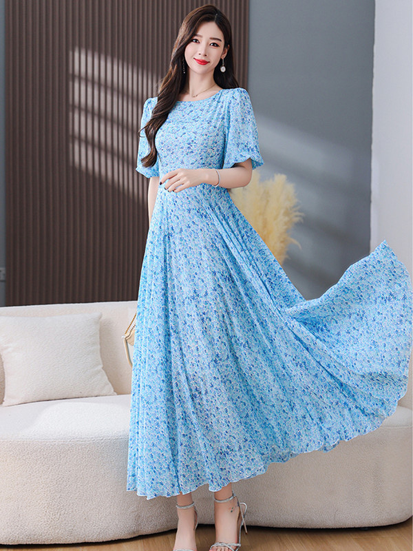 Večernje haljine za zabavu Maxi cvjetna šifonska haljina uz kroj 2024. Nova ženska ljetna duga šik elegantna ležerna boho plava moda