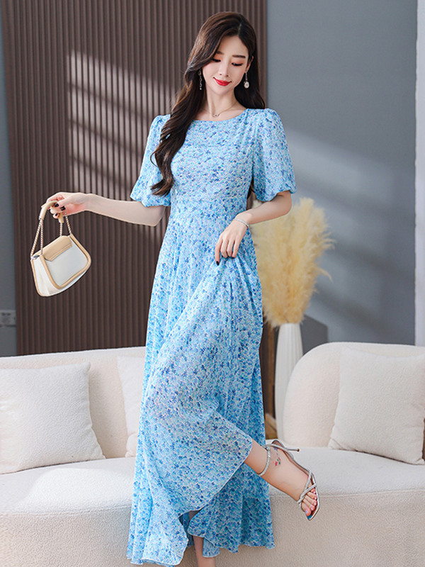 Večernje haljine za zabavu Maxi cvjetna šifonska haljina uz kroj 2024. Nova ženska ljetna duga šik elegantna ležerna boho plava moda