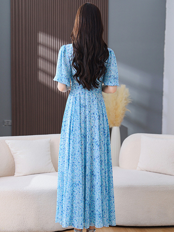 Večernje haljine za zabavu Maxi cvjetna šifonska haljina uz kroj 2024. Nova ženska ljetna duga šik elegantna ležerna boho plava moda