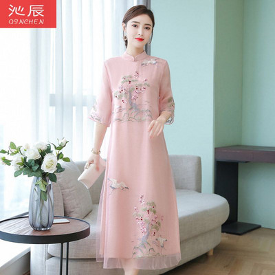 Εκτύπωση με κέντημα με γιακά με κοντό μανίκι Κινέζικη μόδα Casual φούστες μίντι καλοκαιρινά φορέματα Λεπτά γυναικεία ρούχα 2023