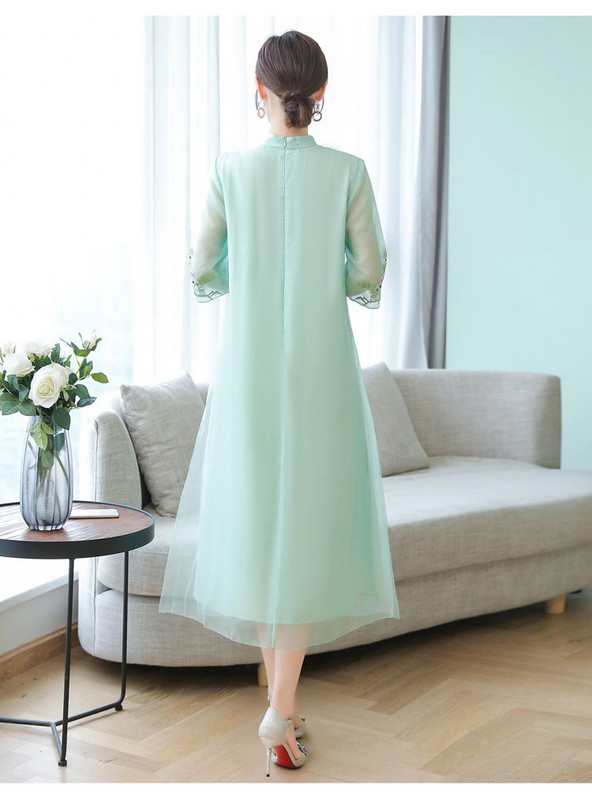 Εκτύπωση με κέντημα με γιακά με κοντό μανίκι Κινέζικη μόδα Casual φούστες μίντι καλοκαιρινά φορέματα Λεπτά γυναικεία ρούχα 2023