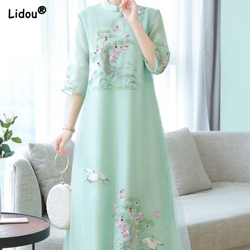 Εκτύπωση με κέντημα με γιακά με κοντό μανίκι Κινέζικη μόδα Casual φούστες μίντι καλοκαιρινά φορέματα Λεπτά γυναικεία ρούχα 2023