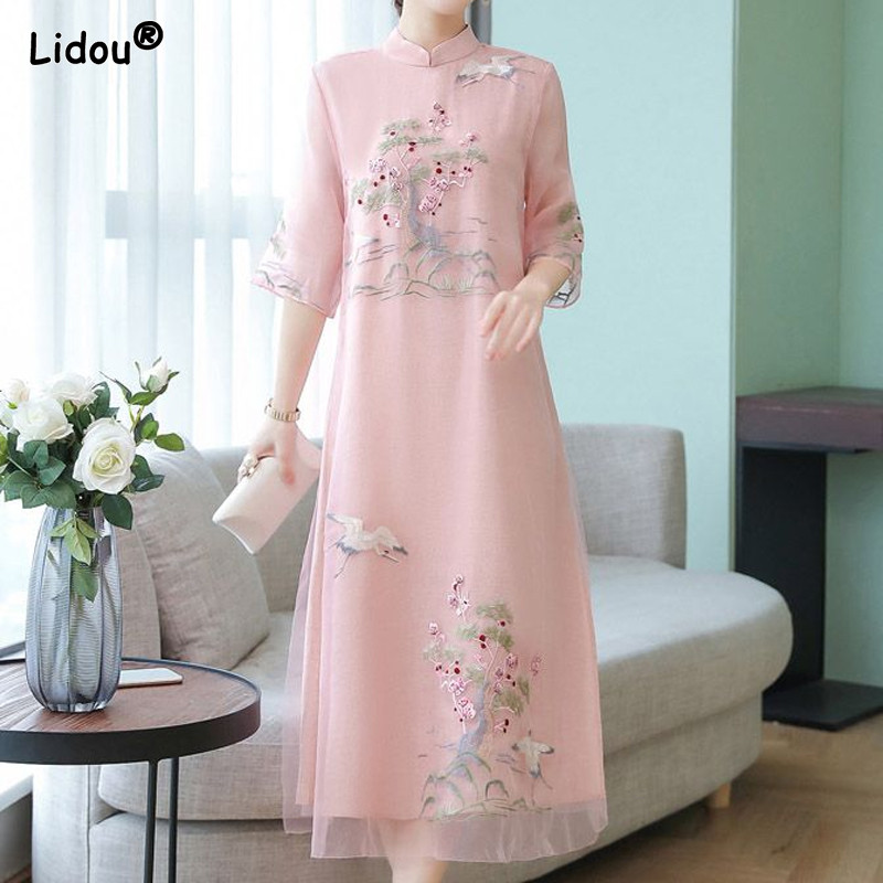 Εκτύπωση με κέντημα με γιακά με κοντό μανίκι Κινέζικη μόδα Casual φούστες μίντι καλοκαιρινά φορέματα Λεπτά γυναικεία ρούχα 2023