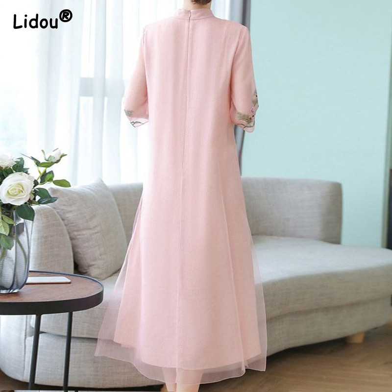 Εκτύπωση με κέντημα με γιακά με κοντό μανίκι Κινέζικη μόδα Casual φούστες μίντι καλοκαιρινά φορέματα Λεπτά γυναικεία ρούχα 2023