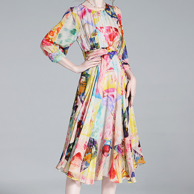 EVNISI Γυναικείο κομψό φλοράλ στάμπα φόρεμα σιφόν με λαιμόκοψη Casual διακοπές Φορέματα Α σε γραμμή καλοκαιρινών γυναικών Slim Party Vestido 2024