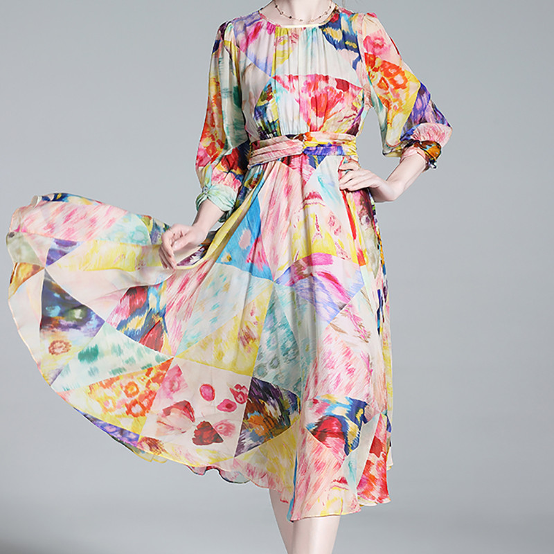 EVNISI Γυναικείο κομψό φλοράλ στάμπα φόρεμα σιφόν με λαιμόκοψη Casual διακοπές Φορέματα Α σε γραμμή καλοκαιρινών γυναικών Slim Party Vestido 2024