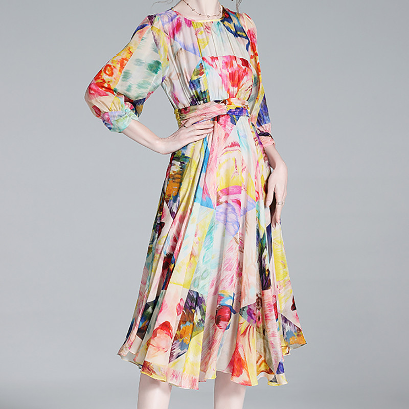 EVNISI Γυναικείο κομψό φλοράλ στάμπα φόρεμα σιφόν με λαιμόκοψη Casual διακοπές Φορέματα Α σε γραμμή καλοκαιρινών γυναικών Slim Party Vestido 2024