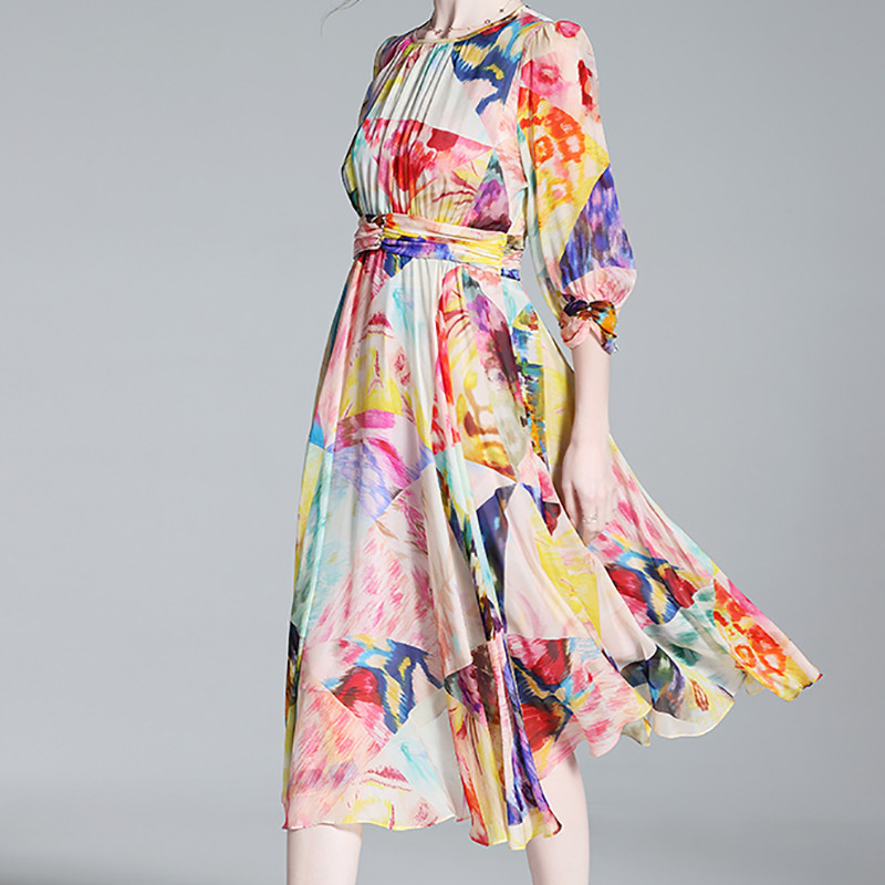 EVNISI Γυναικείο κομψό φλοράλ στάμπα φόρεμα σιφόν με λαιμόκοψη Casual διακοπές Φορέματα Α σε γραμμή καλοκαιρινών γυναικών Slim Party Vestido 2024