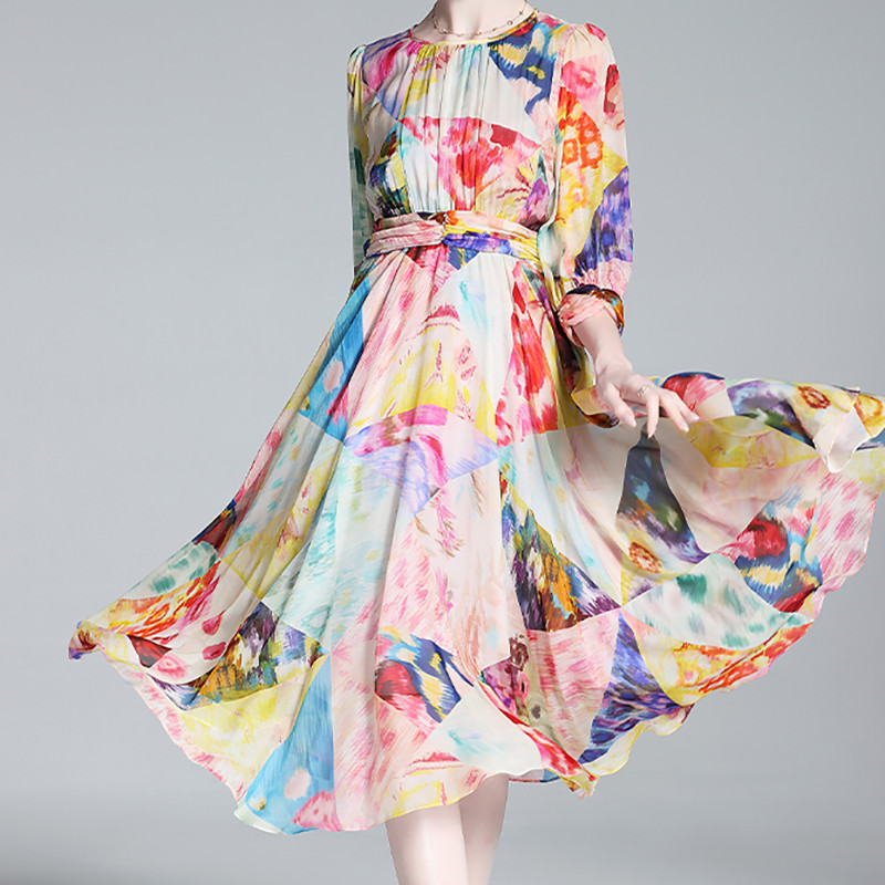 EVNISI Γυναικείο κομψό φλοράλ στάμπα φόρεμα σιφόν με λαιμόκοψη Casual διακοπές Φορέματα Α σε γραμμή καλοκαιρινών γυναικών Slim Party Vestido 2024