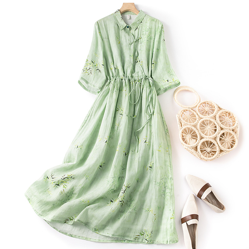 Γυναικείο καλοκαιρινό φόρεμα με στάμπα από βαμβάκι και λινό με μανίκια πέτο, νέο κορεάτικο στυλ, λογοτεχνικό χαλαρό ταμπεραμέντο casual φόρεμα