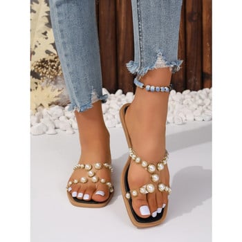 Летни дамски сандали Модни плоски плажни сандали на открито Секси перлени обувки с панделка Дамски джапанки с щипка на пръстите Пързалки