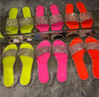 Блестящи чехли Дамски летни сандали Модни блестящи женски джапанки в цвят бонбон Плажни диамантени плоски обувки Външни сандали