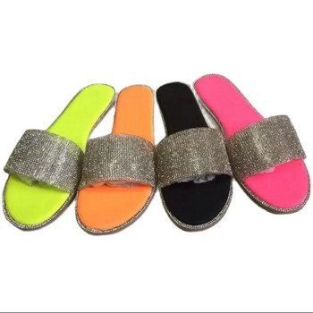 Блестящи чехли Дамски летни сандали Модни блестящи женски джапанки в цвят бонбон Плажни диамантени плоски обувки Външни сандали
