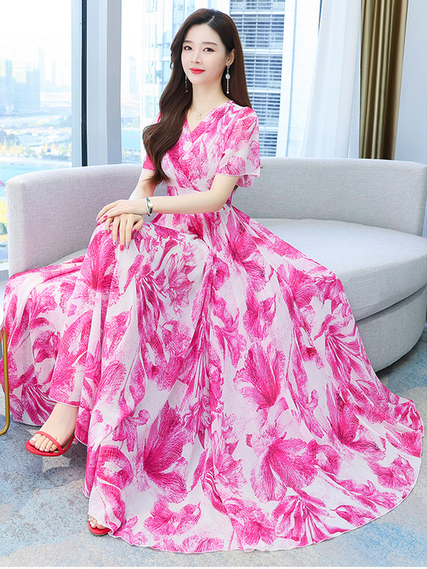 Kék női 2023 új nyári rózsaszín sifon Boho ruha Elegáns virágos Beach Elegáns alkalmi V-nyakú divatos hosszú báli Bodycon ruhák