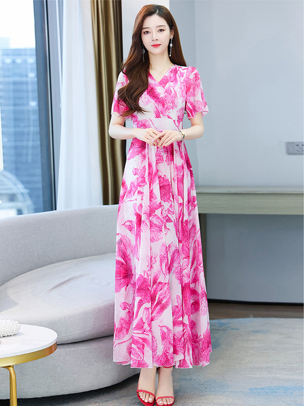 Kék női 2023 új nyári rózsaszín sifon Boho ruha Elegáns virágos Beach Elegáns alkalmi V-nyakú divatos hosszú báli Bodycon ruhák