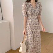 New Fashion Chiffon Floral Μακρύ Φόρεμα Γυναικείο 2024 Office Lady, καλοκαιρινά κοντομάνικα βραδινά φορέματα για πάρτι με εκτύπωση V λαιμόκοψη 9813