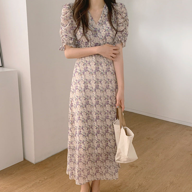 New Fashion Chiffon Floral Μακρύ Φόρεμα Γυναικείο 2024 Office Lady, καλοκαιρινά κοντομάνικα βραδινά φορέματα για πάρτι με εκτύπωση V λαιμόκοψη 9813