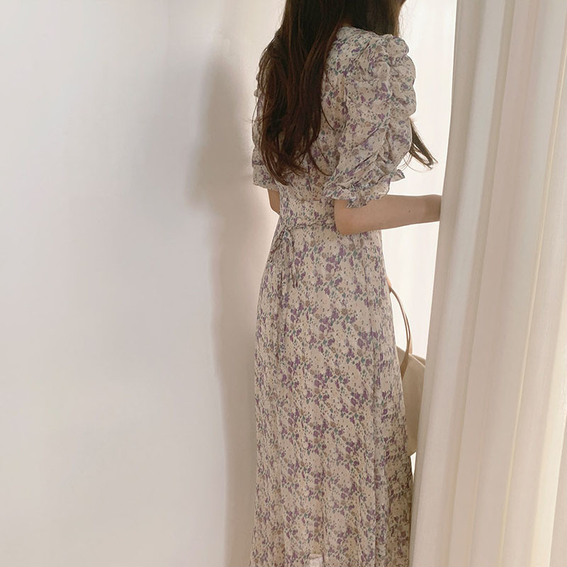 New Fashion Chiffon Floral Μακρύ Φόρεμα Γυναικείο 2024 Office Lady, καλοκαιρινά κοντομάνικα βραδινά φορέματα για πάρτι με εκτύπωση V λαιμόκοψη 9813