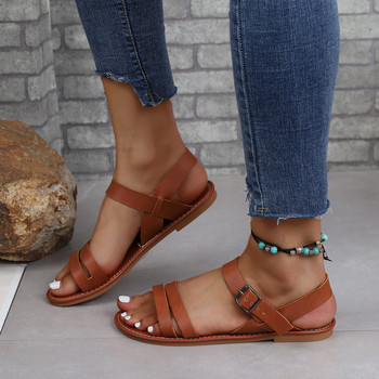 Дамски едноцветни модерни сандали, каишка с катарама на глезена, мека подметка, олекотени равни обувки, универсални летни плажни обувки