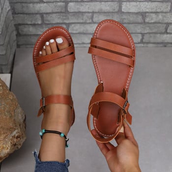 Дамски едноцветни модерни сандали, каишка с катарама на глезена, мека подметка, олекотени равни обувки, универсални летни плажни обувки
