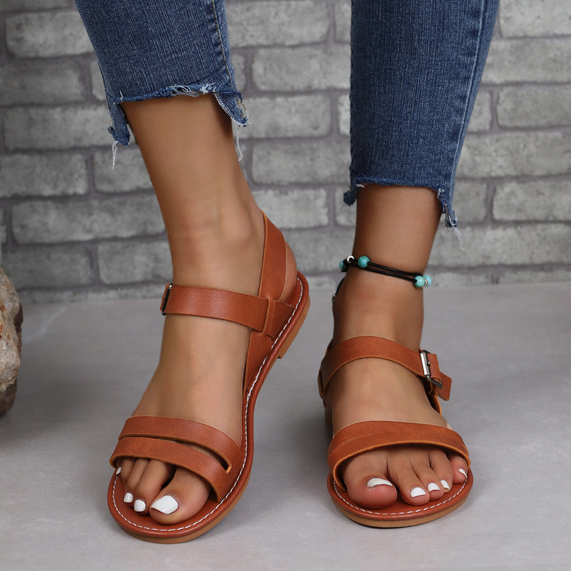 Ženske jednobojne trendi sandale, remen s kopčom oko gležnja, mekani potplat, lagane ravne cipele, svestrane ljetne cipele za plažu
