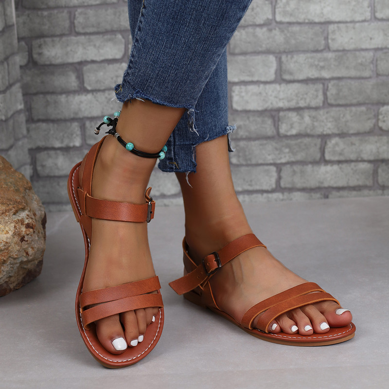Ženske jednobojne trendi sandale, remen s kopčom oko gležnja, mekani potplat, lagane ravne cipele, svestrane ljetne cipele za plažu