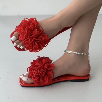 Lace Flower Καλοκαιρινές Παντόφλες για Γυναικείες Επίπεδες Παντόφλες Εξωτερικού Χώρου Γυναικείες τσουλήθρες 2024 Νέο Κορεάτικο Σχέδιο Σανδάλια Λευκό Κόκκινο Πράσινο Μέγεθος 43