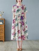 Rochii de vară cu mâneci scurte, bumbac, in, imprimeu vintage, florale, pentru femei, 2024, ocazional, rochie midi pentru dama, îmbrăcăminte elegantă pentru femei.