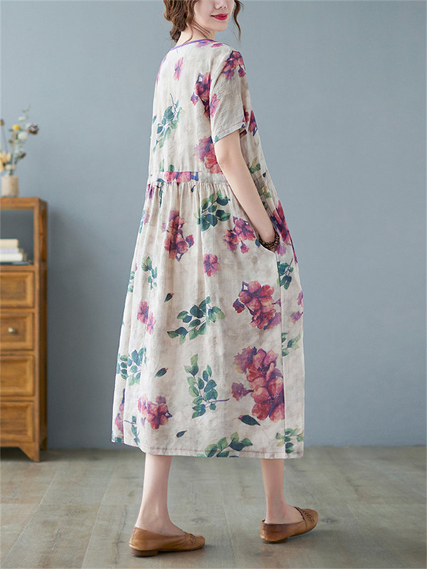 Rochii de vară cu mâneci scurte, bumbac, in, imprimeu vintage, florale, pentru femei, 2024, ocazional, rochie midi pentru dama, îmbrăcăminte elegantă pentru femei.