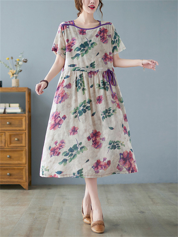 Rochii de vară cu mâneci scurte, bumbac, in, imprimeu vintage, florale, pentru femei, 2024, ocazional, rochie midi pentru dama, îmbrăcăminte elegantă pentru femei.