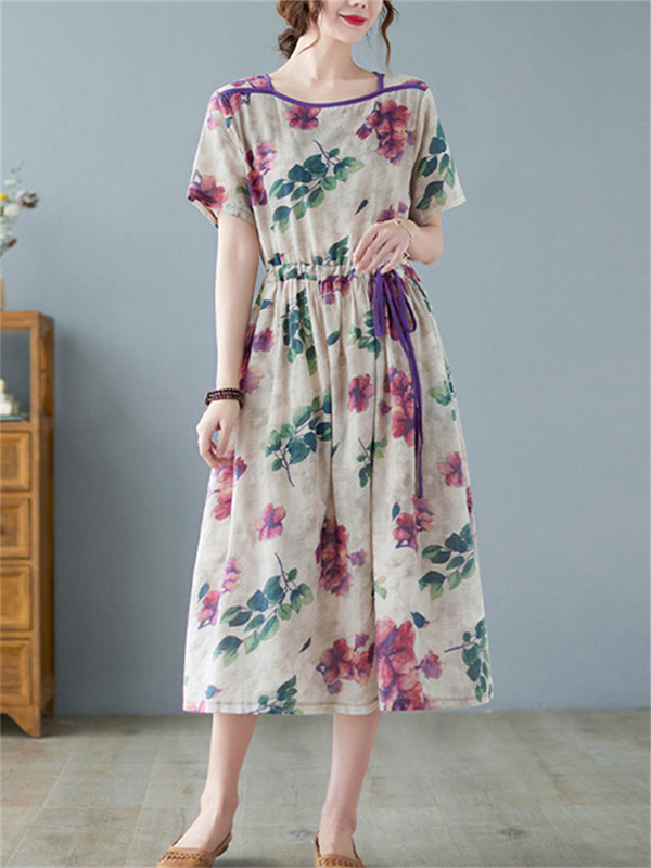 Rochii de vară cu mâneci scurte, bumbac, in, imprimeu vintage, florale, pentru femei, 2024, ocazional, rochie midi pentru dama, îmbrăcăminte elegantă pentru femei.