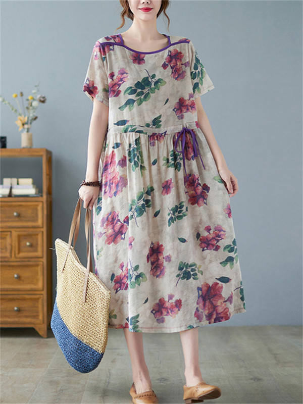 Rochii de vară cu mâneci scurte, bumbac, in, imprimeu vintage, florale, pentru femei, 2024, ocazional, rochie midi pentru dama, îmbrăcăminte elegantă pentru femei.