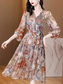 Ανοιξιάτικο Καλοκαιρινό Vintage Midi Prom Floral Μεταξωτό Φόρεμα με V λαιμόκοψη Γυναικεία Κομψά Χιτόνια Κορεάτικη μόδα Γυναικεία βραδινά φορέματα για πάρτι