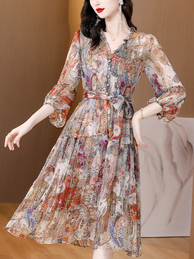 Ανοιξιάτικο Καλοκαιρινό Vintage Midi Prom Floral Μεταξωτό Φόρεμα με V λαιμόκοψη Γυναικεία Κομψά Χιτόνια Κορεάτικη μόδα Γυναικεία βραδινά φορέματα για πάρτι