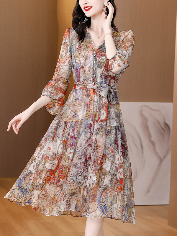 Ανοιξιάτικο Καλοκαιρινό Vintage Midi Prom Floral Μεταξωτό Φόρεμα με V λαιμόκοψη Γυναικεία Κομψά Χιτόνια Κορεάτικη μόδα Γυναικεία βραδινά φορέματα για πάρτι