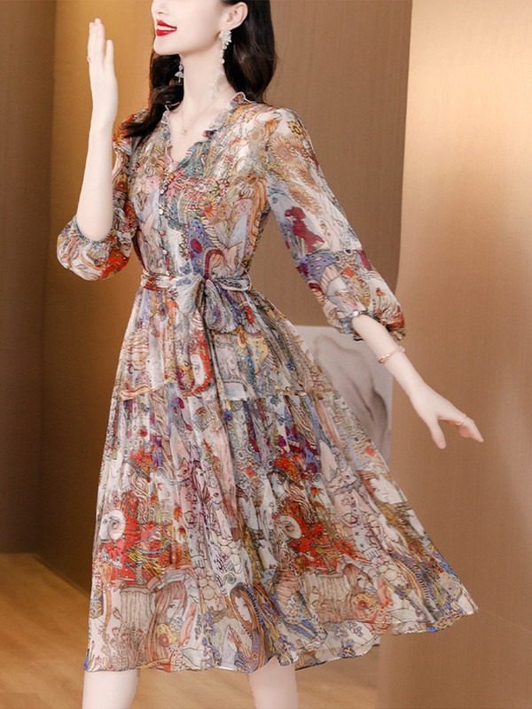 Ανοιξιάτικο Καλοκαιρινό Vintage Midi Prom Floral Μεταξωτό Φόρεμα με V λαιμόκοψη Γυναικεία Κομψά Χιτόνια Κορεάτικη μόδα Γυναικεία βραδινά φορέματα για πάρτι