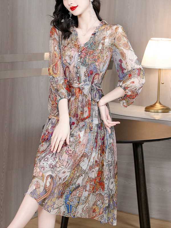 Ανοιξιάτικο Καλοκαιρινό Vintage Midi Prom Floral Μεταξωτό Φόρεμα με V λαιμόκοψη Γυναικεία Κομψά Χιτόνια Κορεάτικη μόδα Γυναικεία βραδινά φορέματα για πάρτι